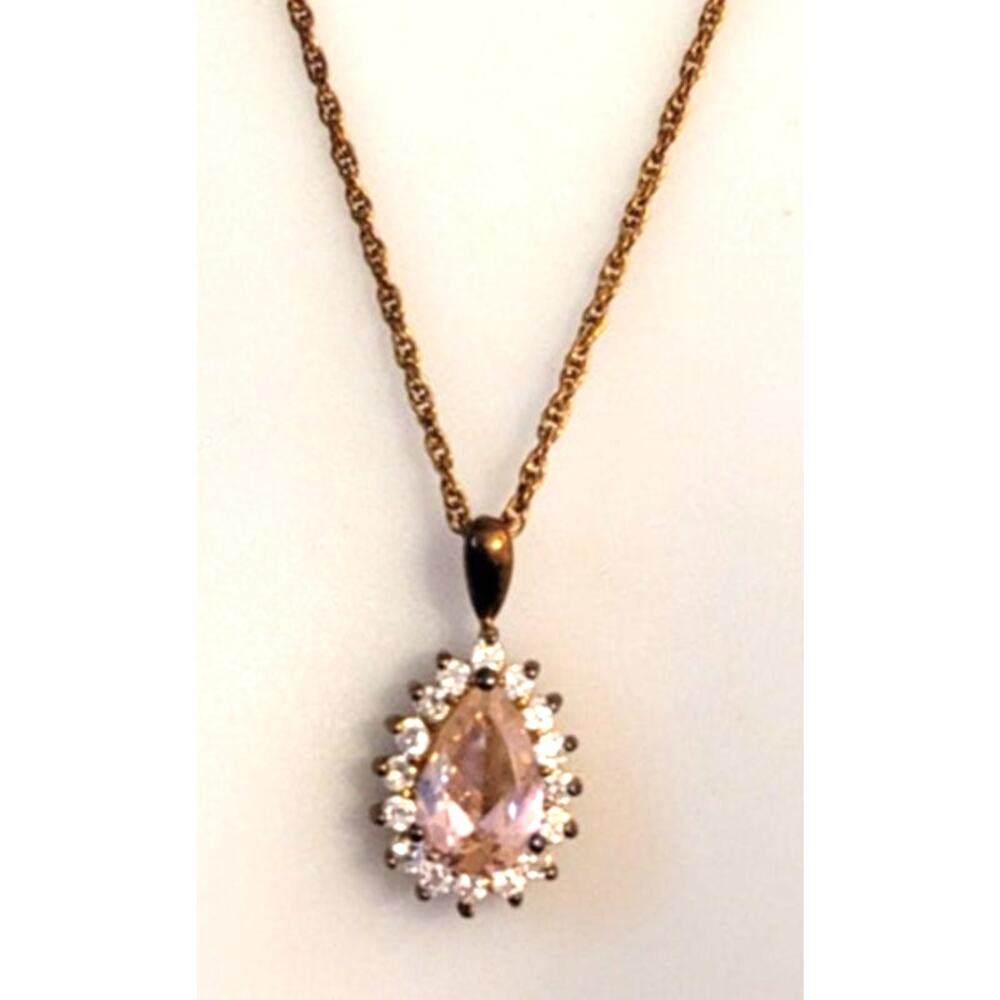 Pear Cut Pink Glass Gemstone Pendant Necklace 14KTGEP Gold Electroplated Chain